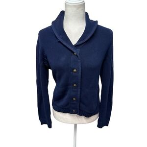 LRL Ralph Lauren Nautical Chunky Cardigan Sz M P Gold Button Elbow Patch Pockets